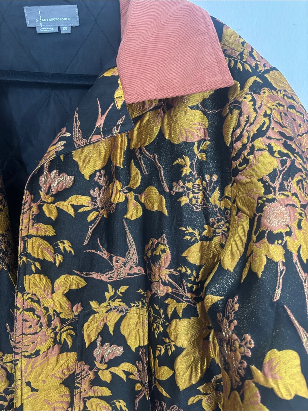 Black Floral Brocade Puffer Jacket with Mustard Embroidery